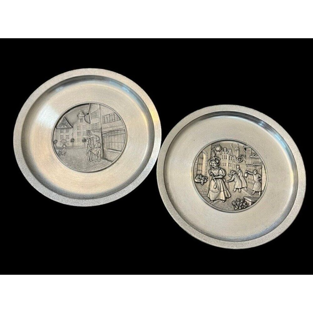 Lot of 2 Pewter Wall Plates Germany People Buildings Village Fein Zinn Ges Gesch
